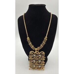 Gold Tone Skull Pendant Necklace Rhinestone Gothic Statement Chain